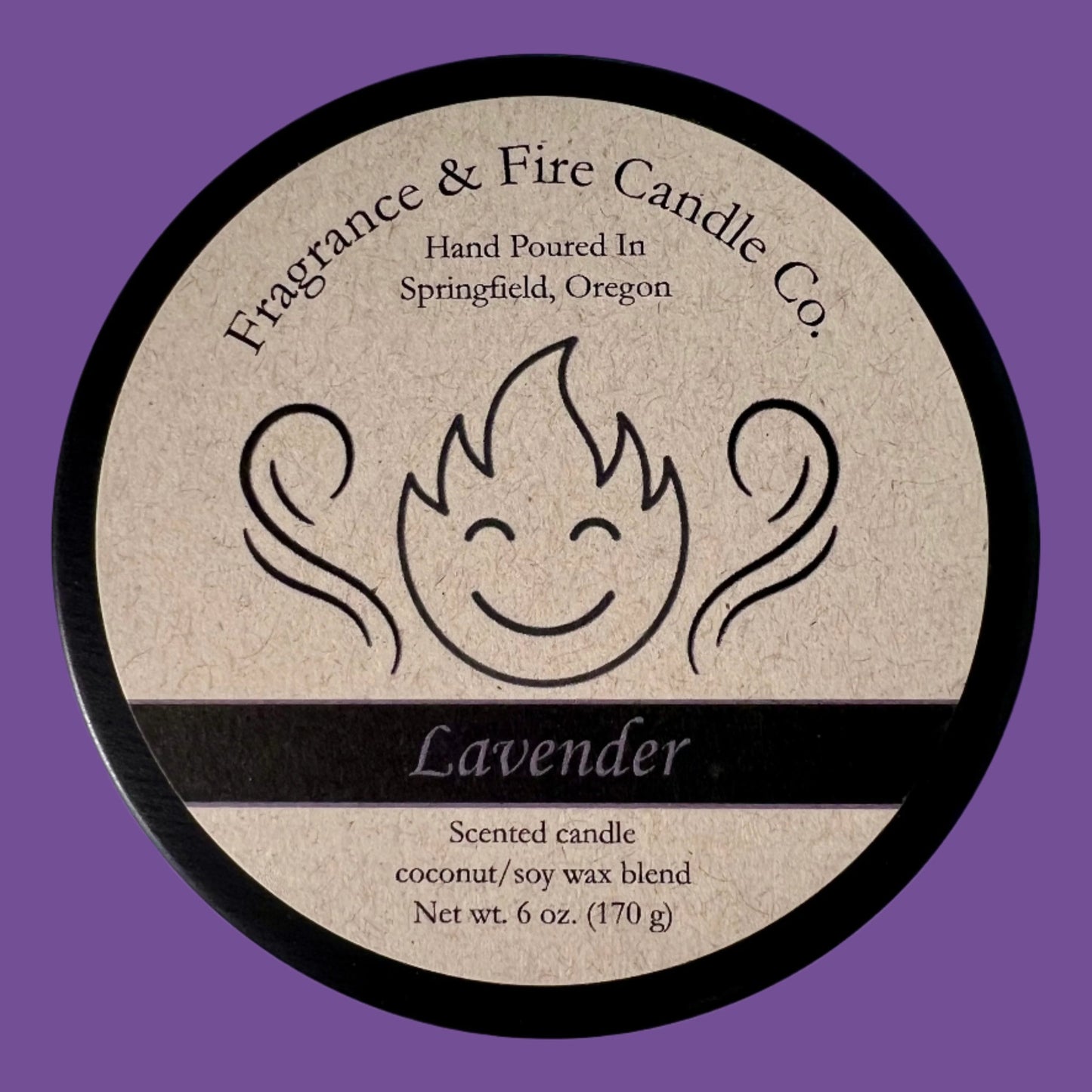 Vibrant purple colored background with round candle top and brown label. Name of the candle on the label is Lavender.