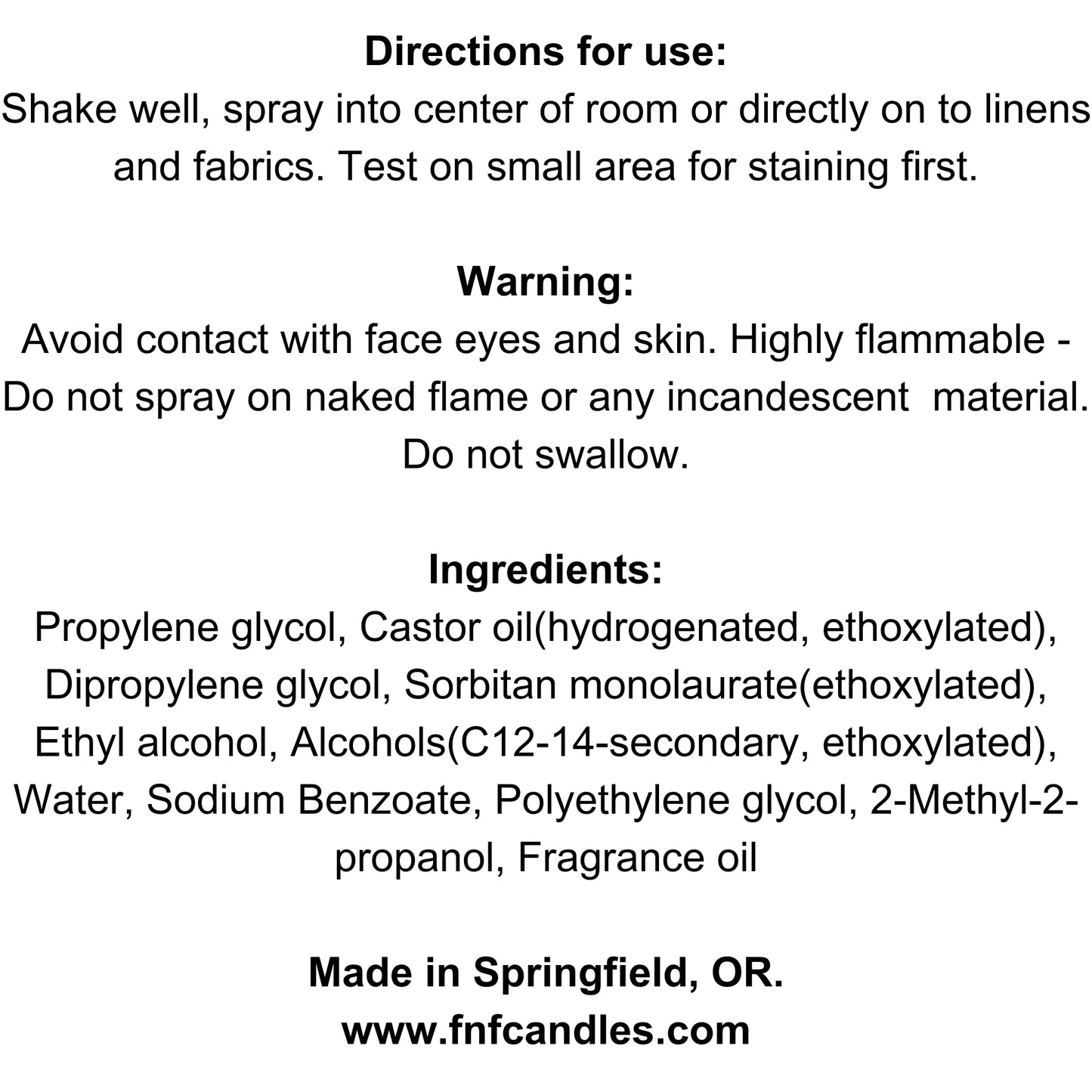 Fragrance & Fire Room and Linen Spray label containing directions for use, warning, and ingredients.