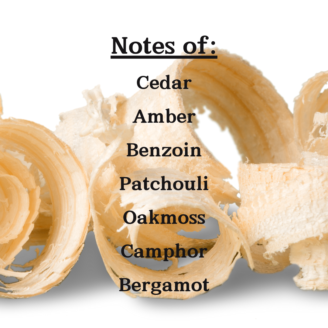 Shavings of cedarwood with scent notes listed as Cedar, Amber, Benzoin, Patchouli, Oakmoss, Camphor, Bergamot.