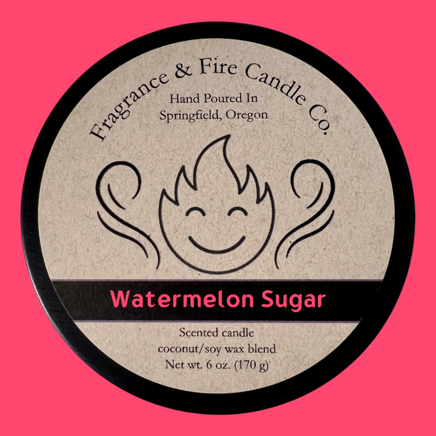 Hot pink colored background with round candle top and brown label. Name of the candle on the label is Watermelon Sugar.