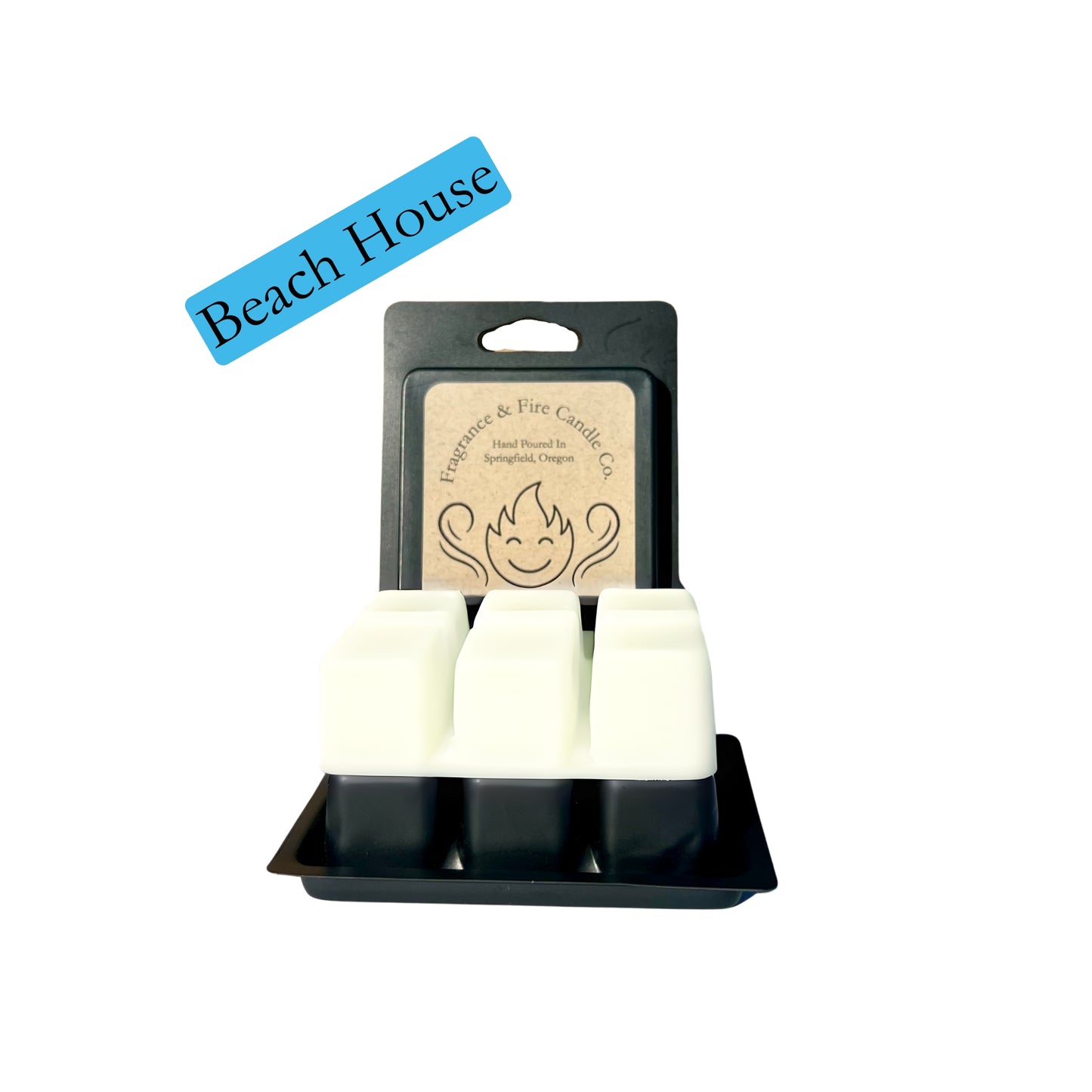 Fragrance & Fire Beach House wax melts. Black container with brown label showing comapny logo. White melts are displayed sitting on container.