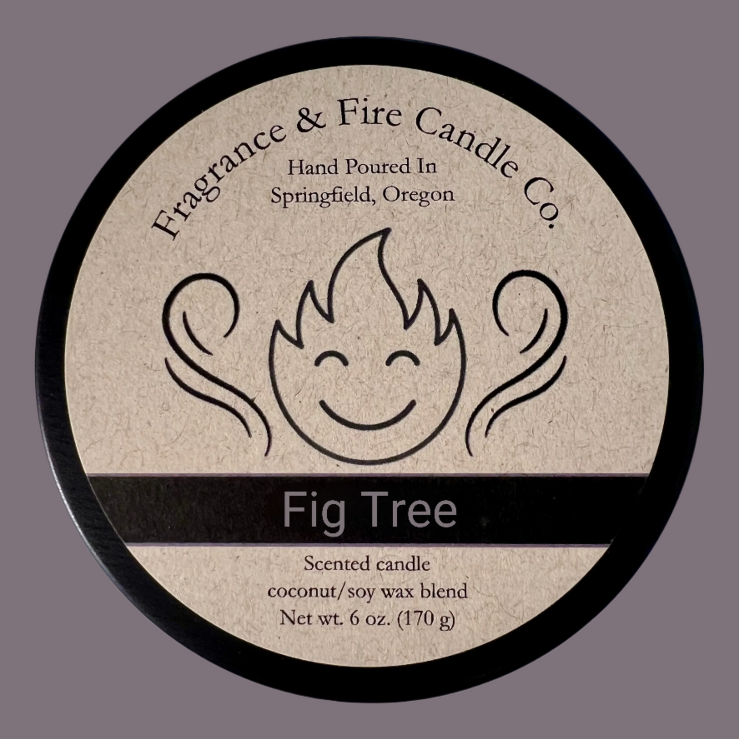 Rosey brown colored background with round candle top and brown label. Name of the candle on the label is Fig Tree.