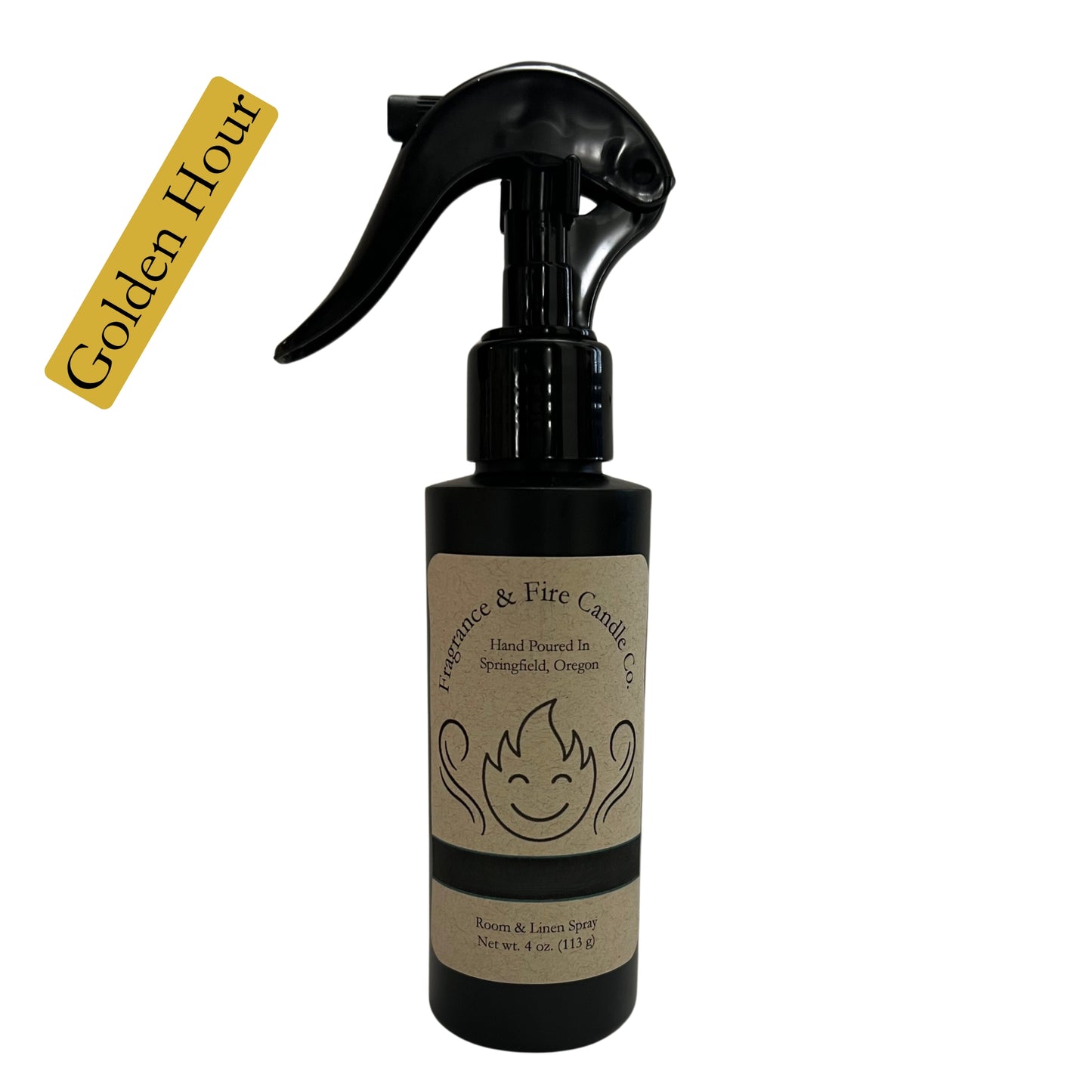 Fragrance & Fire Golden Hour room & linen spray. Sleek black bottle with brown label showing company logo.