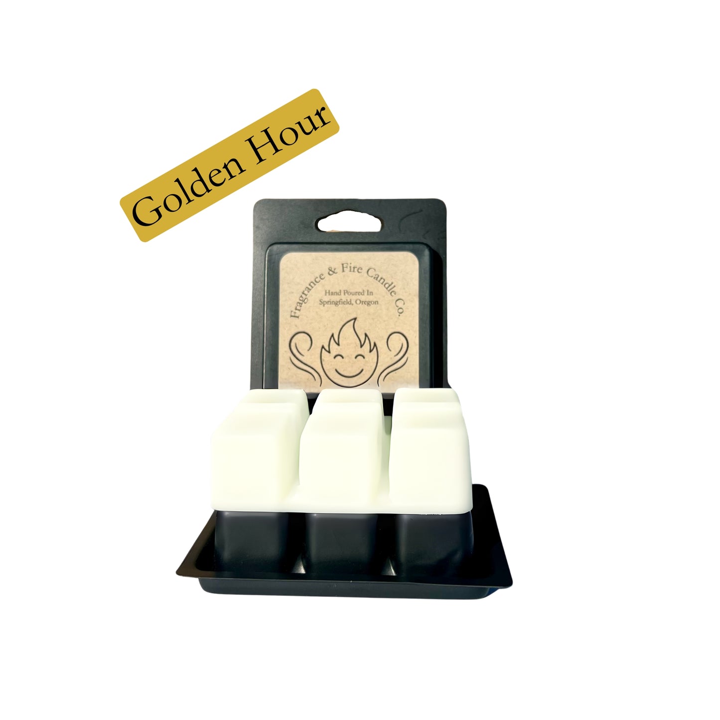 Fragrance & Fire Golden Hour wax melts. Black container with brown label showing comapny logo. White melts are displayed sitting on container.