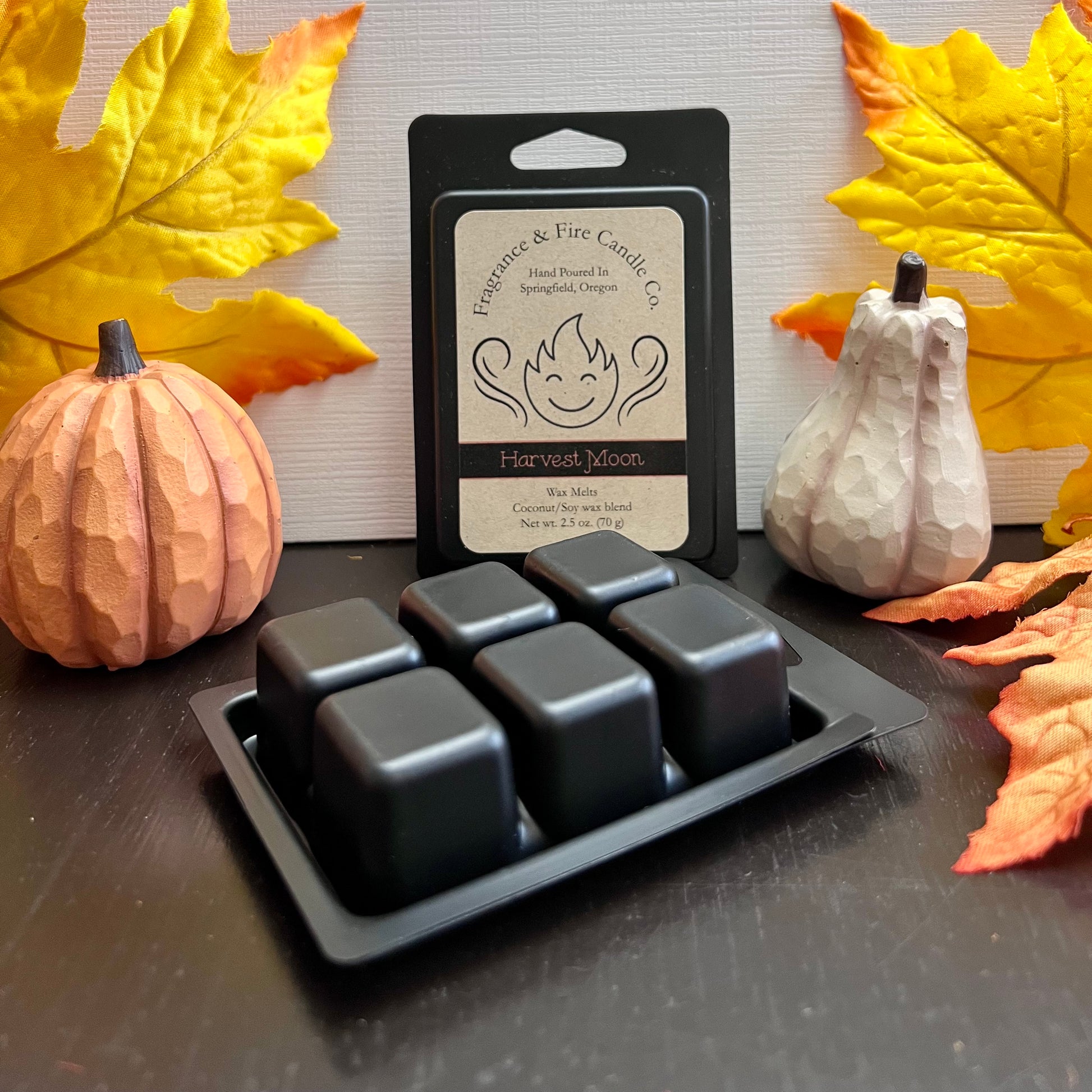 2 black packs Fragrance & Fire Candle Co. wax melts. One upright with label clearly visible and one upside down in front. Fall decor of gourds and colorful leaves surround them. 