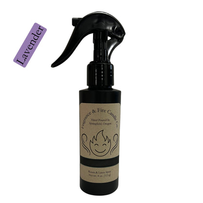 Fragrance & Fire Lavender room & linen spray. Sleek black bottle with brown label showing company logo.