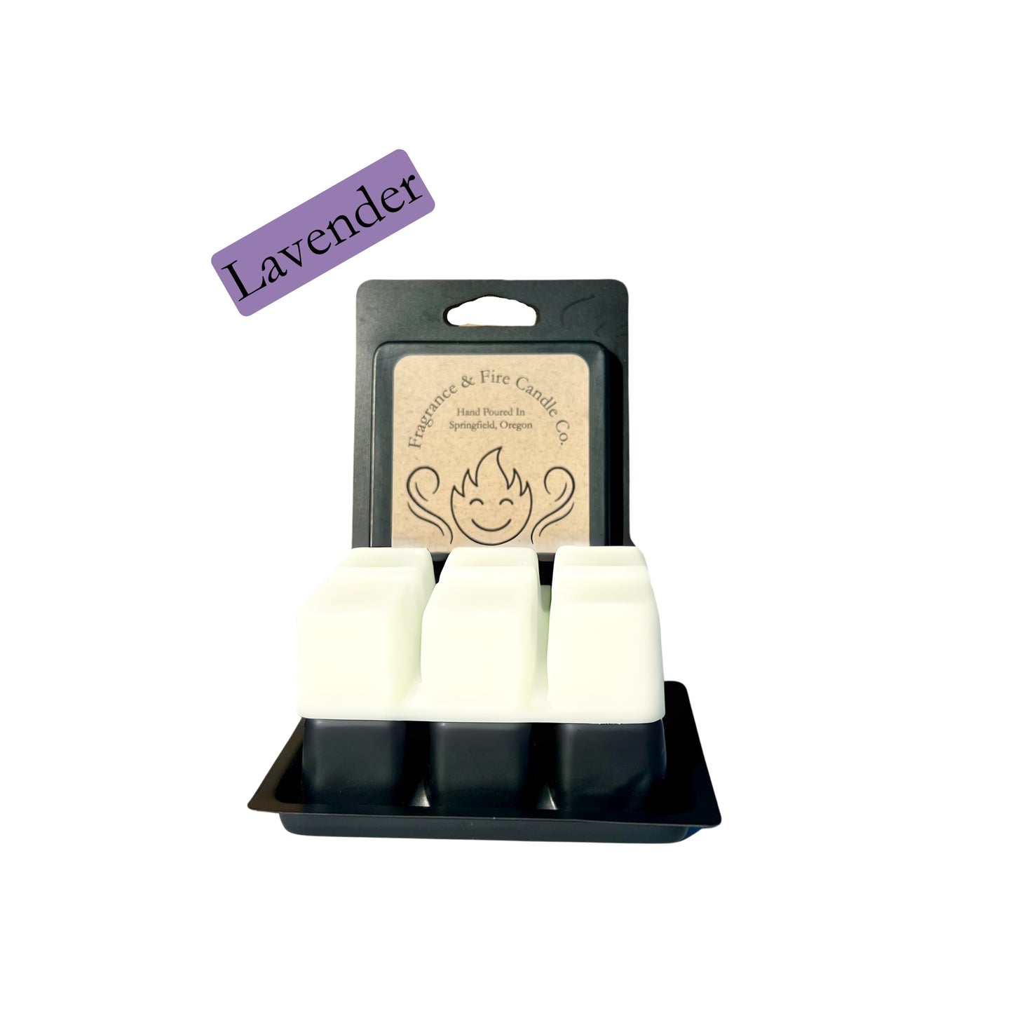 Fragrance & Fire Lavender wax melts. Black container with brown label showing comapny logo. White melts are displayed sitting on container.