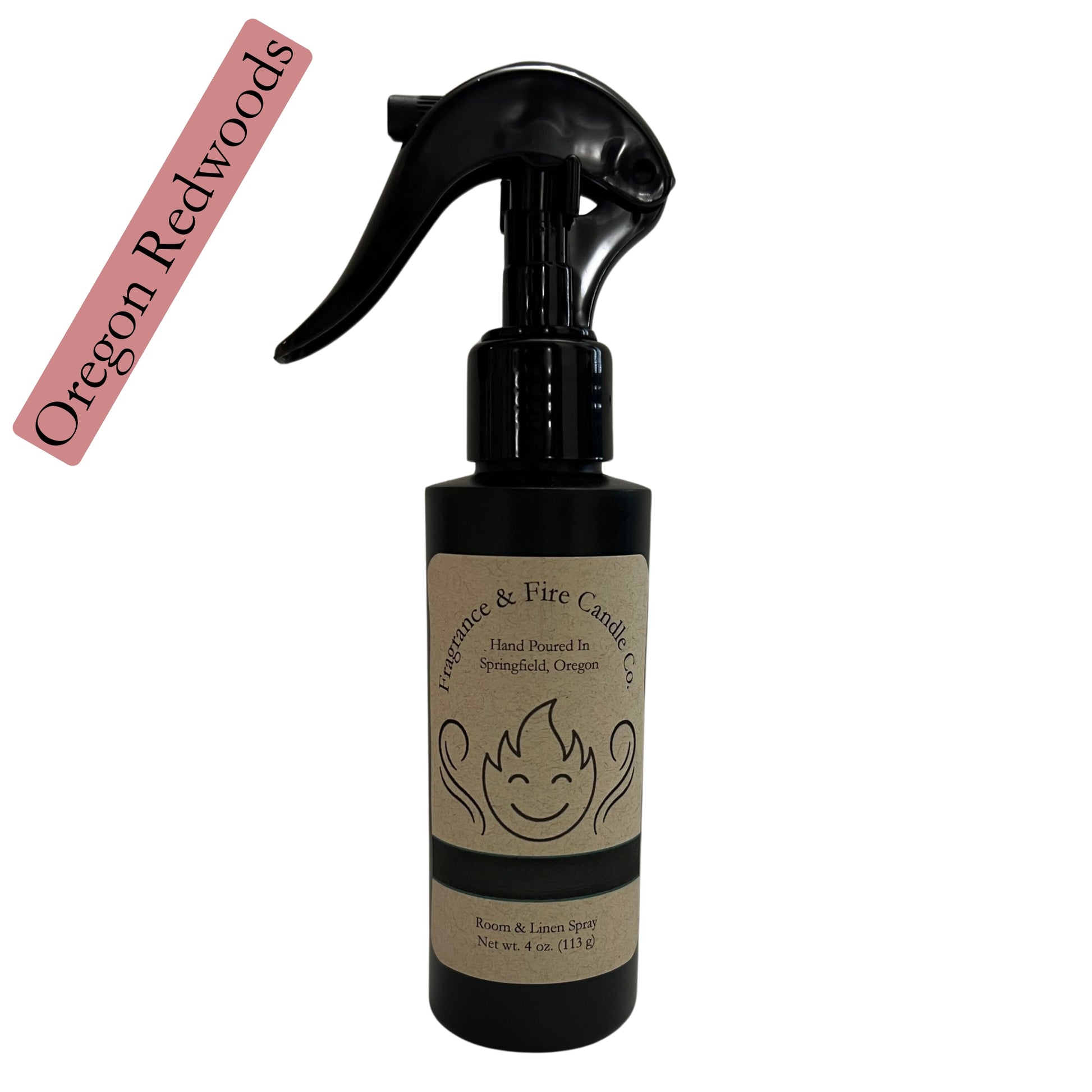 Fragrance & Fire Oregon Redwoods room & linen spray. Sleek black bottle with brown label showing company logo.