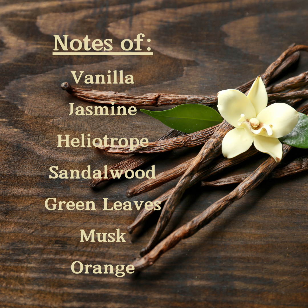 Vanilla beans and orchid flower with notes of vanilla, jasmine, heliotrope, sandalwood, green leaves, musk, and orange.