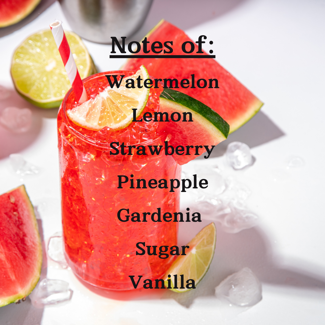 A glass of watermelon lemonade with notes of watermelon, lemon, strawberry, pineapple, gardenia, sugar, and vanilla.