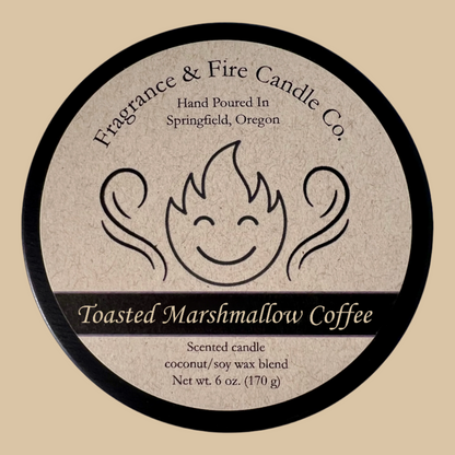 Toasted cream colored background with round candle top and brown label. Name of the candle on the label is Toasted Marshmallow Coffee.