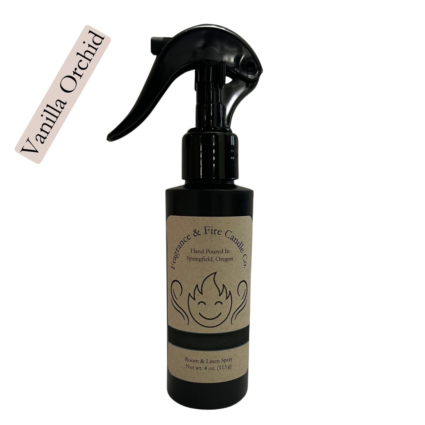 Fragrance & Fire Vanilla Orchid room & linen spray. Sleek black bottle with brown label showing company logo.