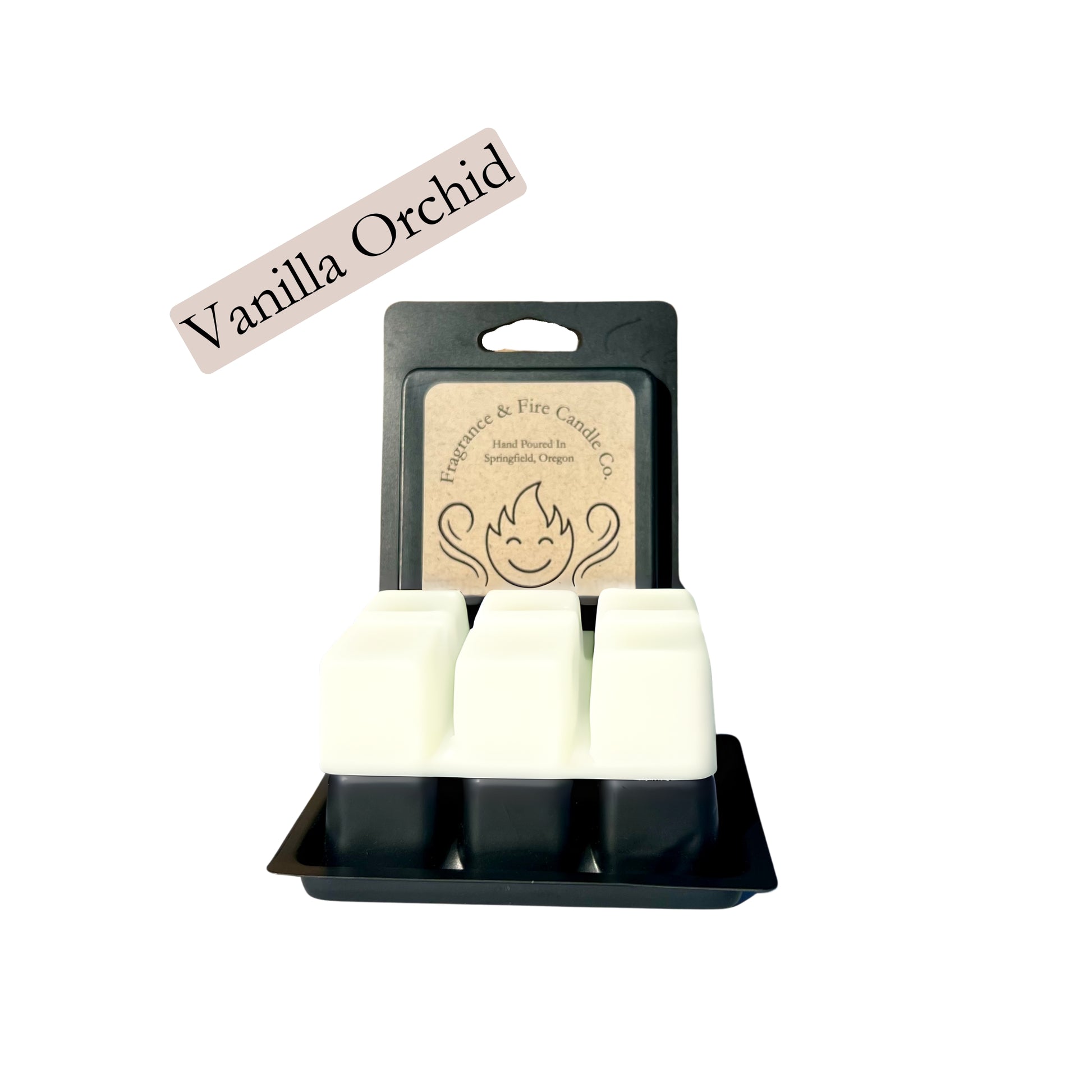 Fragrance & Fire Vanilla Orchid wax melts. Black container with brown label showing comapny logo. White melts are displayed sitting on container.